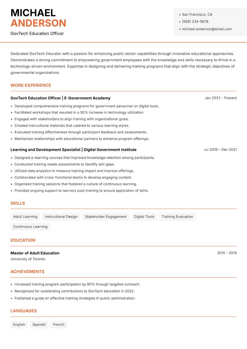 GovTech Educator resume sample — GovTech Education Officer focus