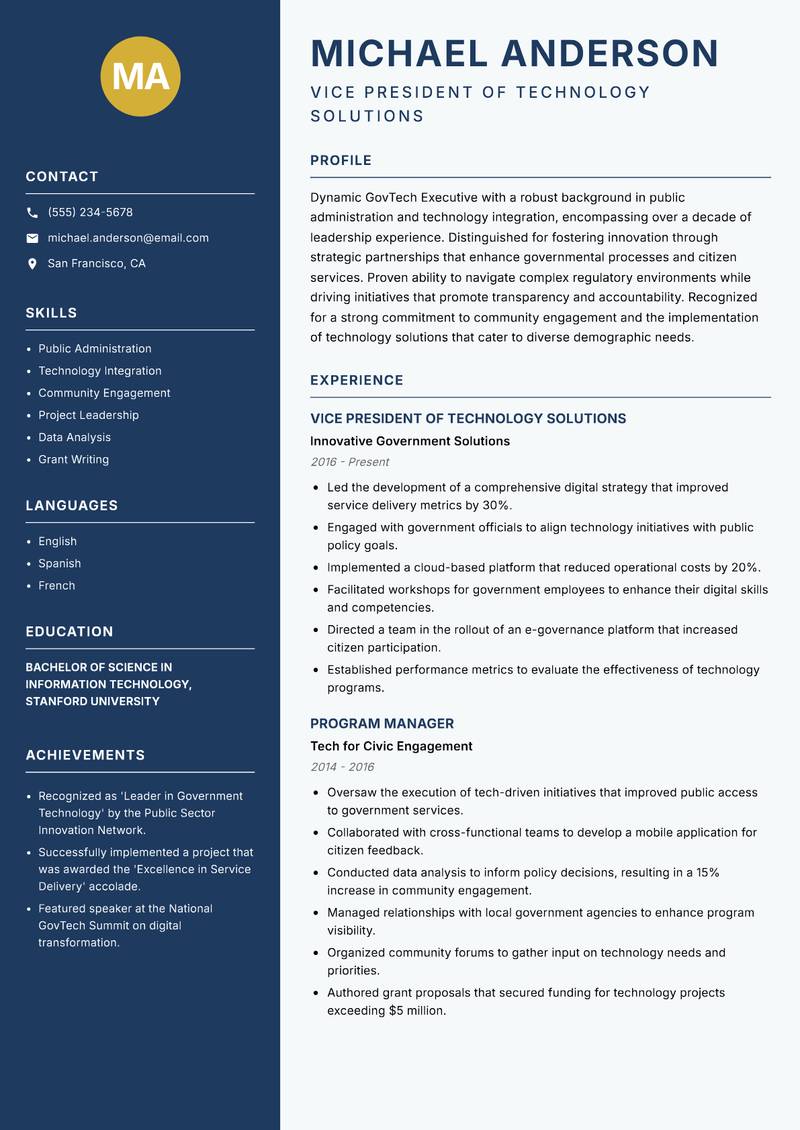 GovTech Executive resume sample — Vice President of Technology Solutions focus