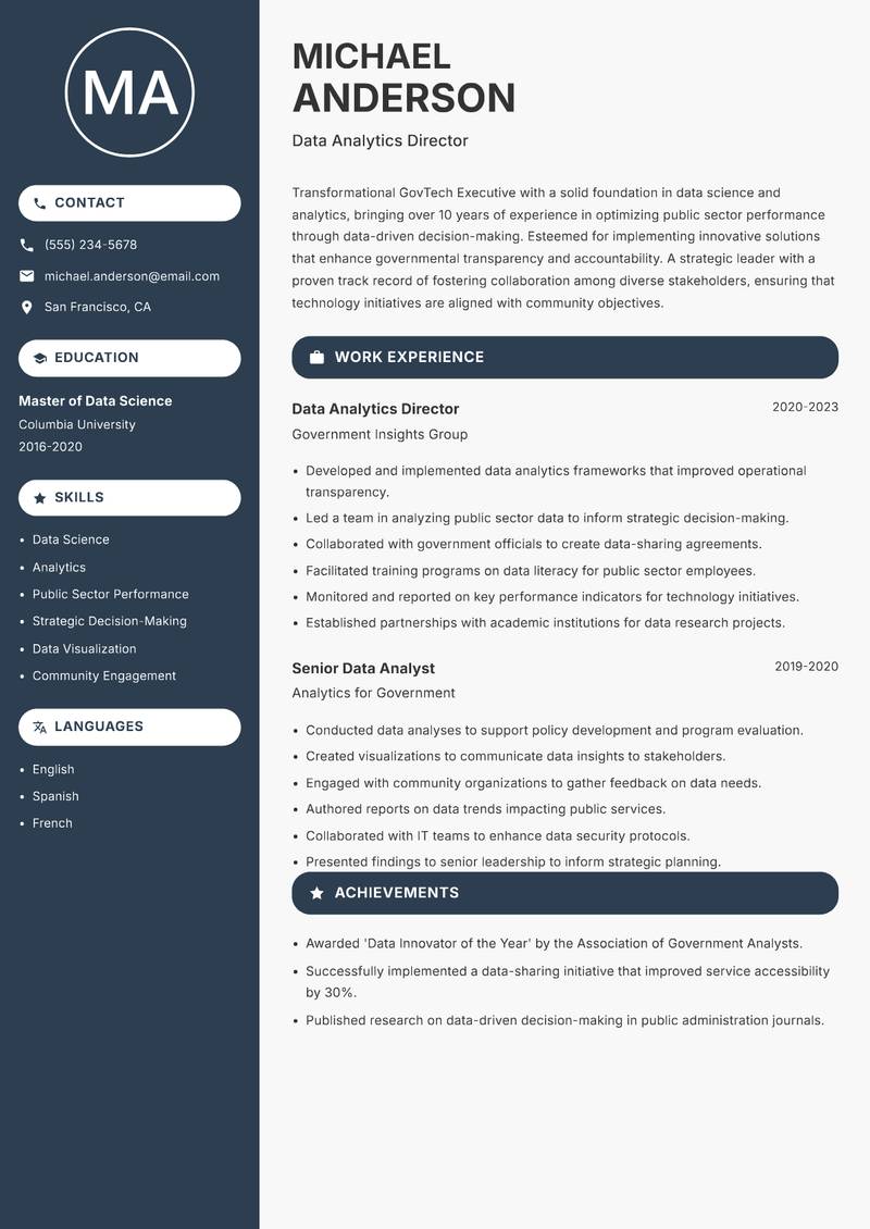 GovTech Executive resume sample — Data Analytics Director focus
