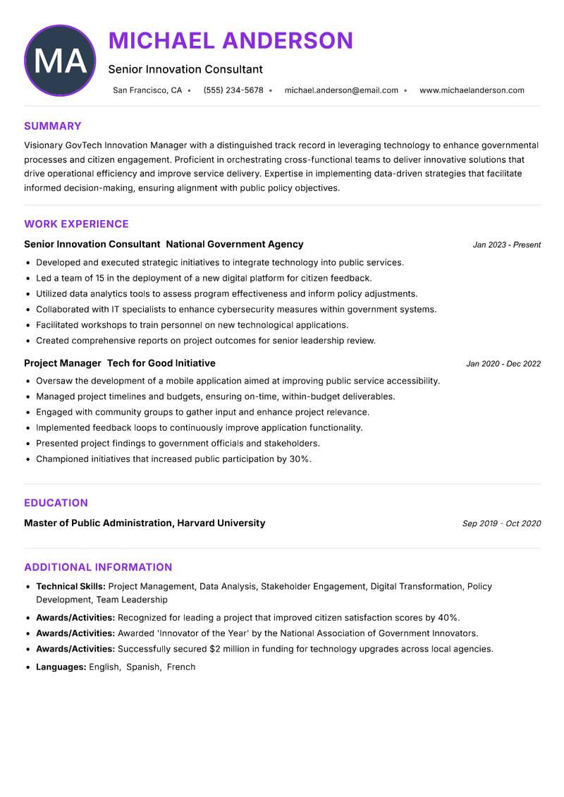 GovTech Innovation Manager resume example