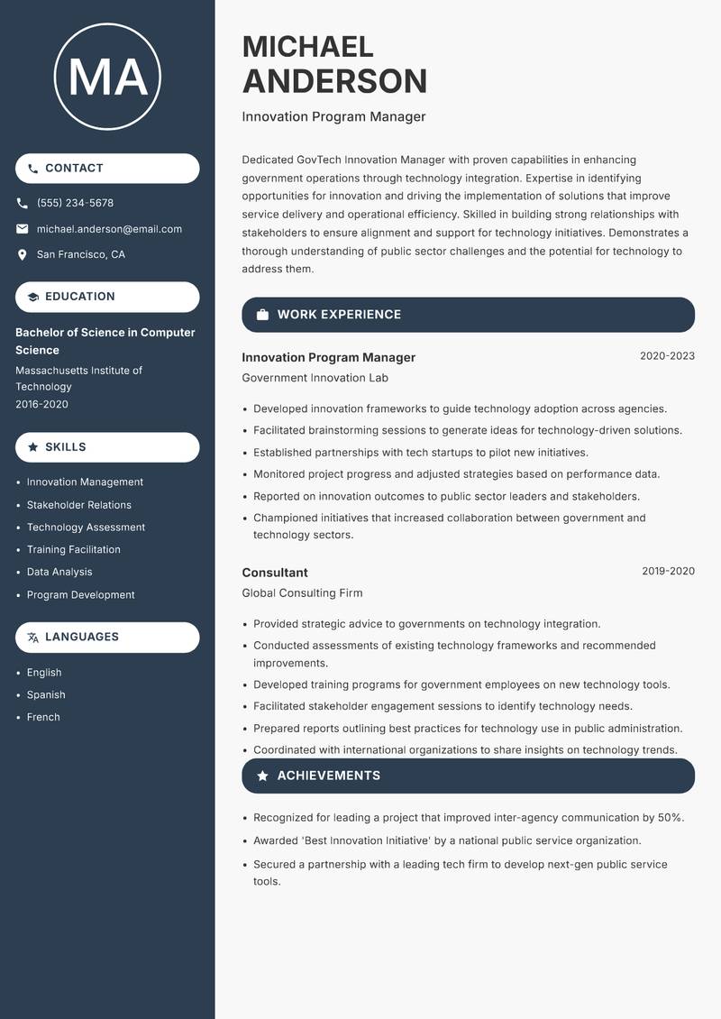 GovTech Innovation Manager resume sample — Innovation Program Manager focus