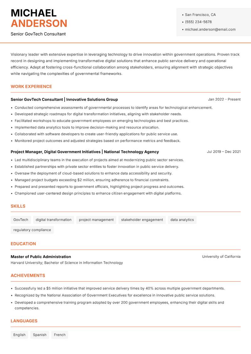 GovTech Innovation Manager resume sample — Senior GovTech Consultant focus