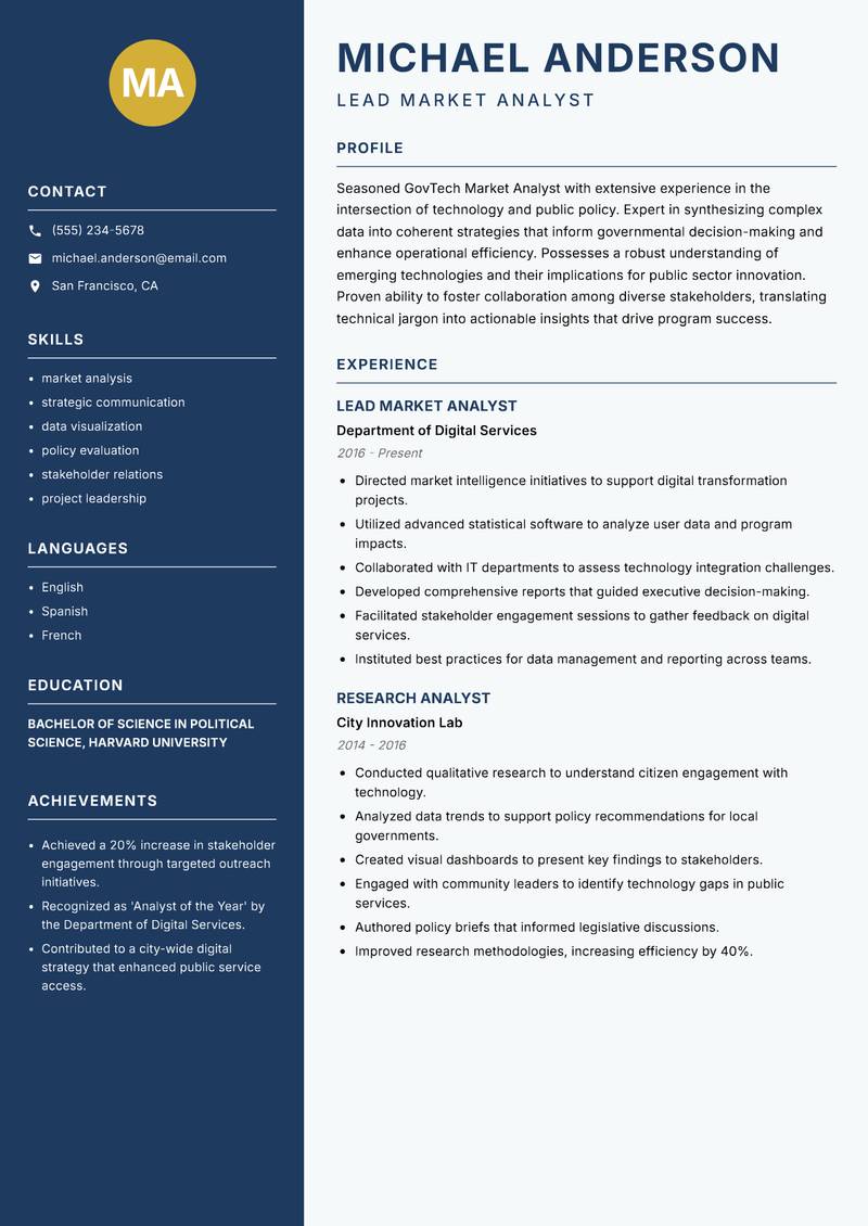 GovTech Market Analyst resume sample — Lead Market Analyst focus