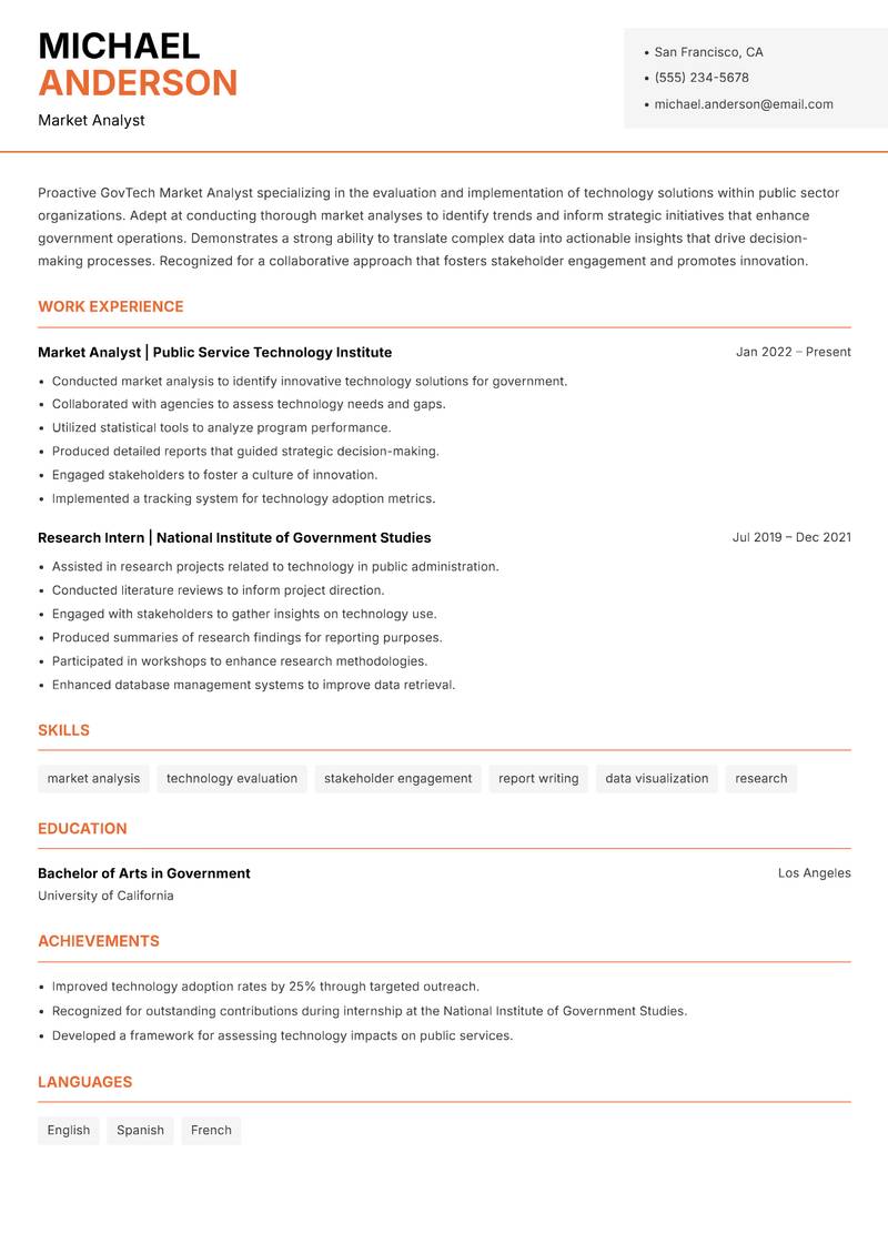GovTech Market Analyst resume sample — Market Analyst focus