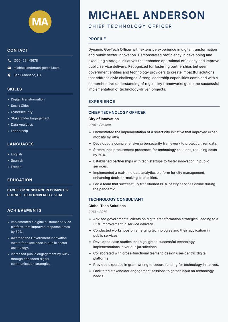 GovTech Officer resume sample — Chief Technology Officer focus