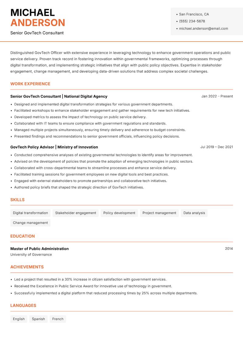 GovTech Officer resume sample — Senior GovTech Consultant focus