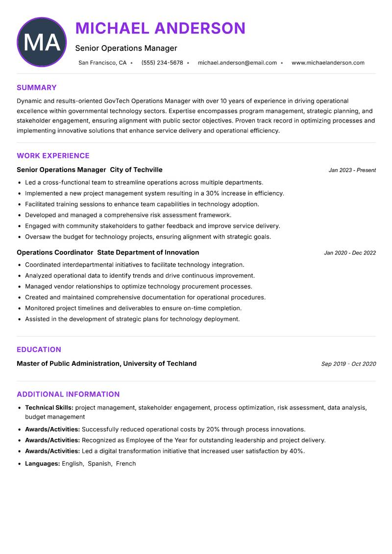 GovTech Operations Manager resume example