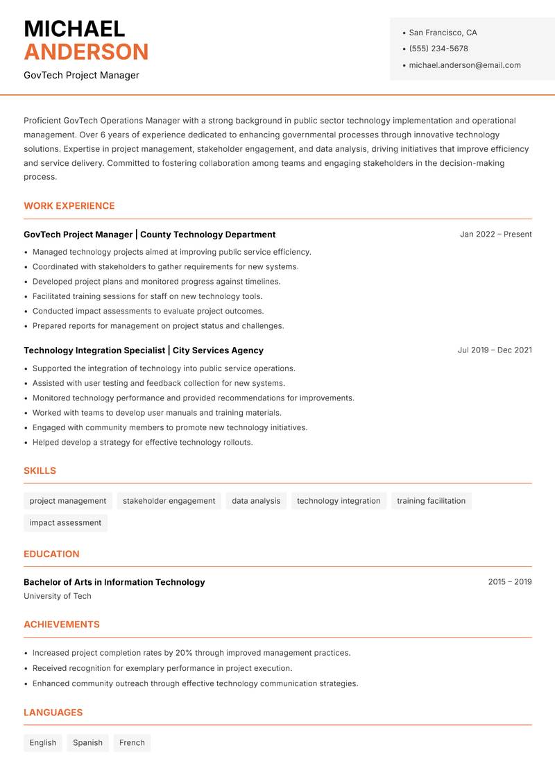 GovTech Operations Manager resume sample — GovTech Project Manager focus