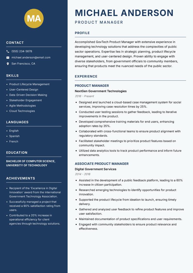 GovTech Product Manager resume sample — Product Manager focus