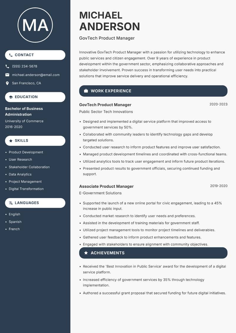 GovTech Product Manager resume sample — GovTech Product Manager focus
