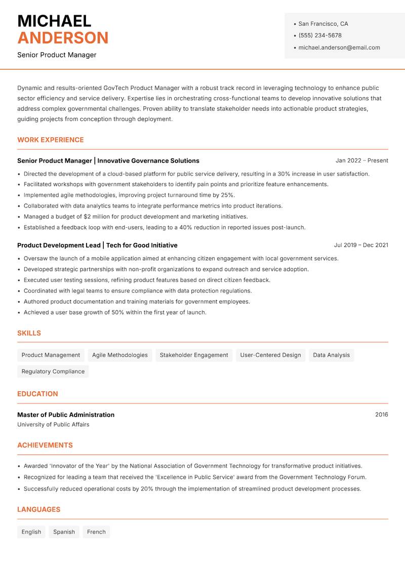 GovTech Product Manager resume sample — Senior Product Manager focus
