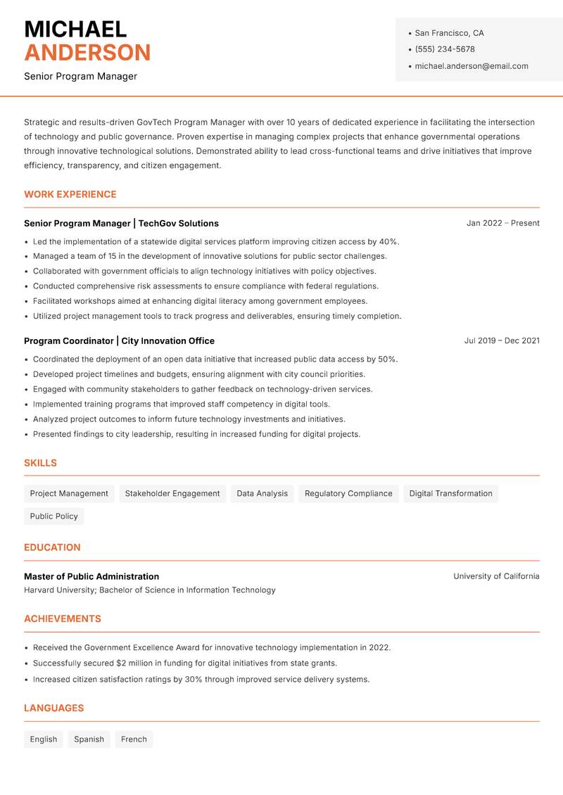 GovTech Program Manager resume sample — Senior Program Manager focus