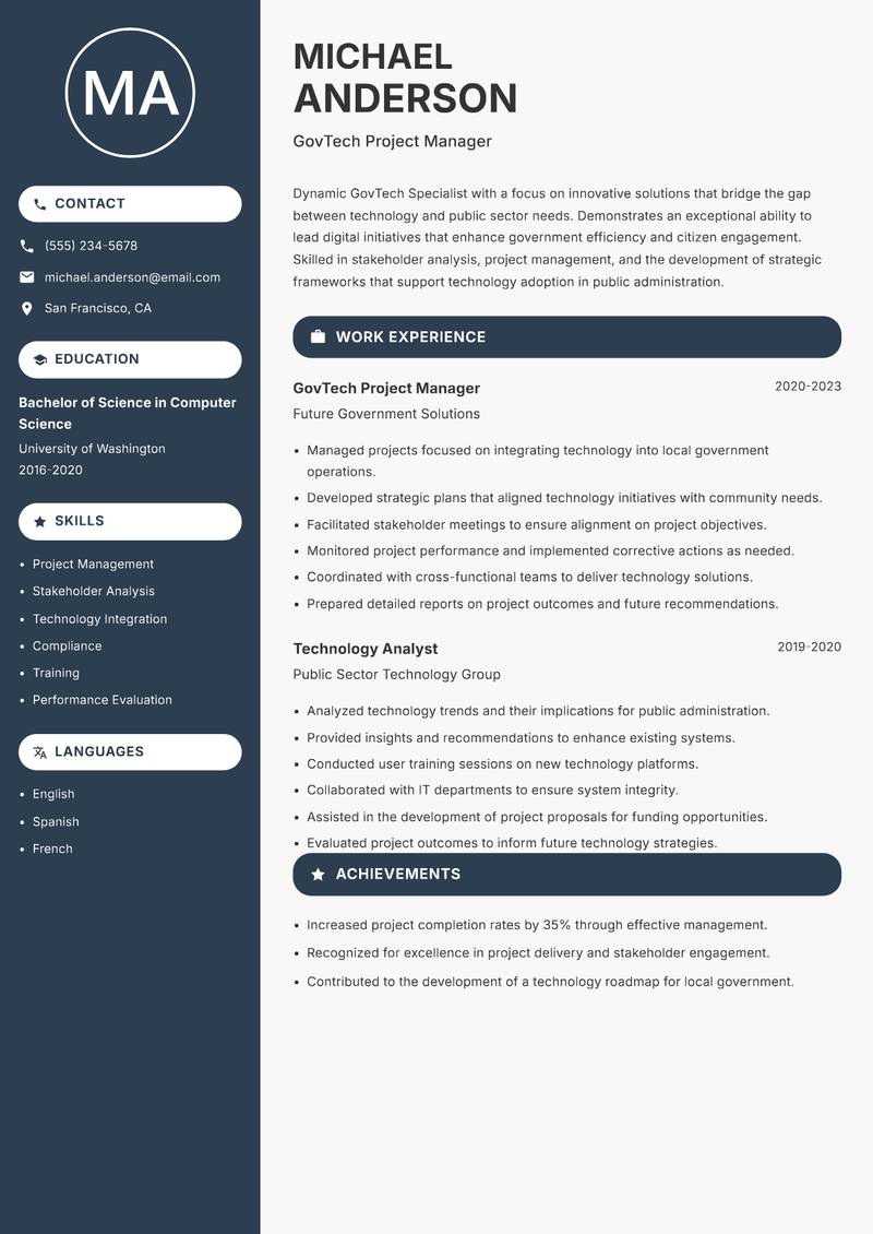 GovTech Specialist resume sample — GovTech Project Manager focus