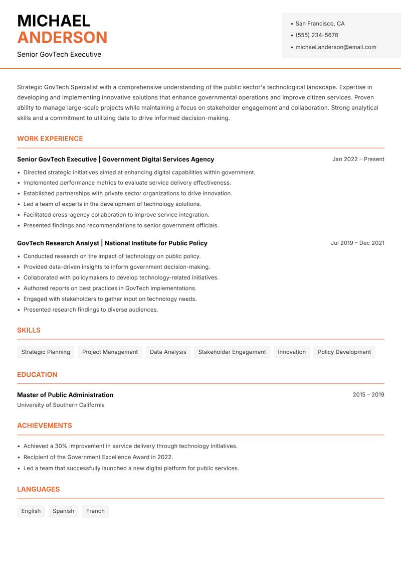 GovTech Specialist resume sample — Senior GovTech Executive focus