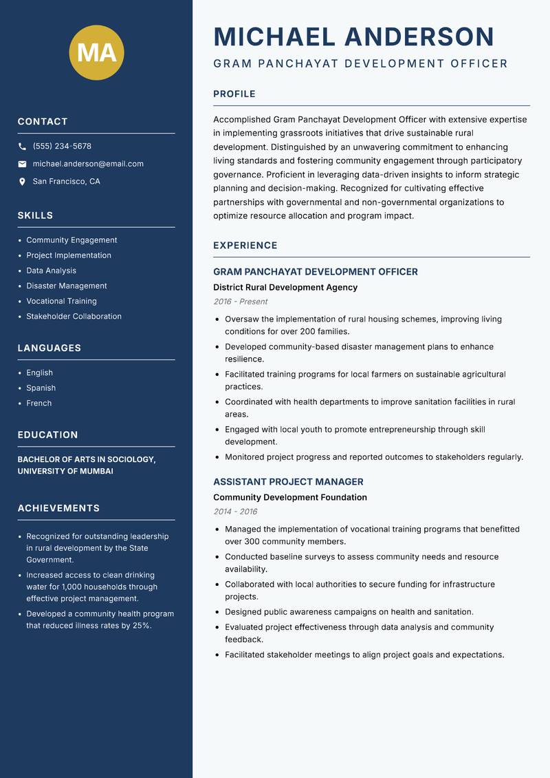 Gram Panchayat Development Officer resume sample — Gram Panchayat Development Officer focus