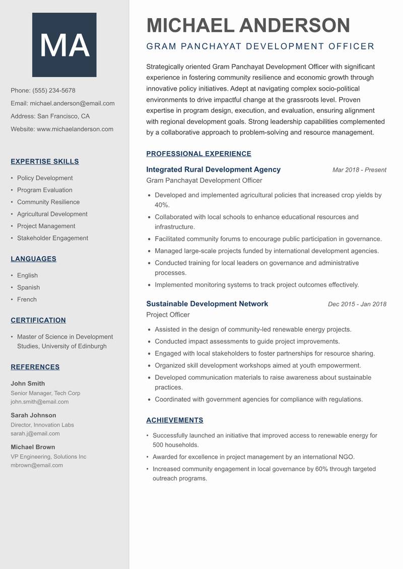 Gram Panchayat Development Officer resume sample — Gram Panchayat Development Officer focus