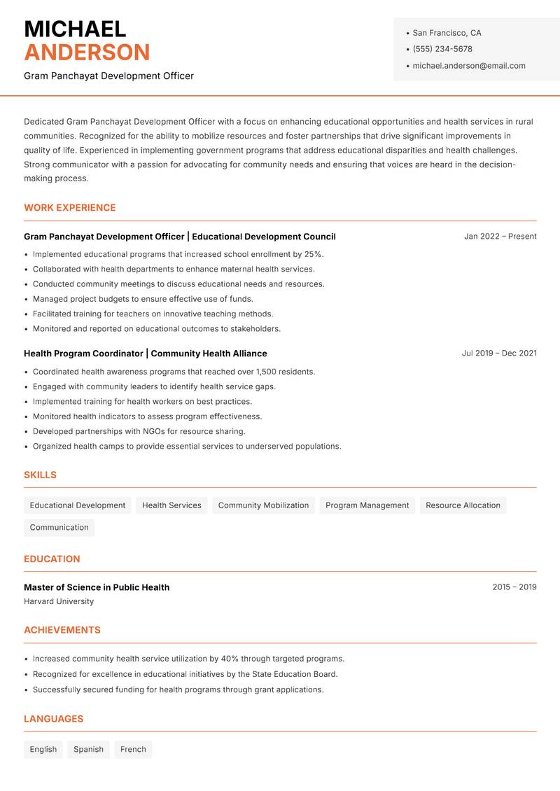 Gram Panchayat Development Officer resume sample — Gram Panchayat Development Officer focus