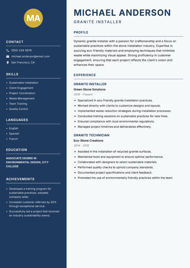 Granite Installer resume sample — Granite Installer focus