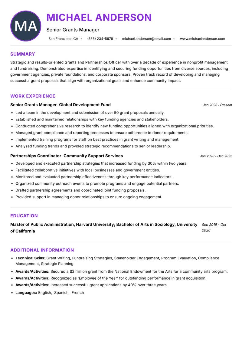 Grants and Partnerships Officer resume example