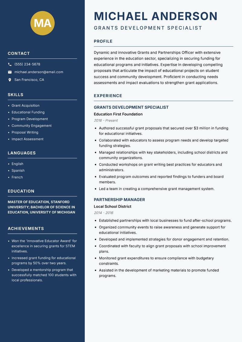Grants and Partnerships Officer resume sample — Grants Development Specialist focus
