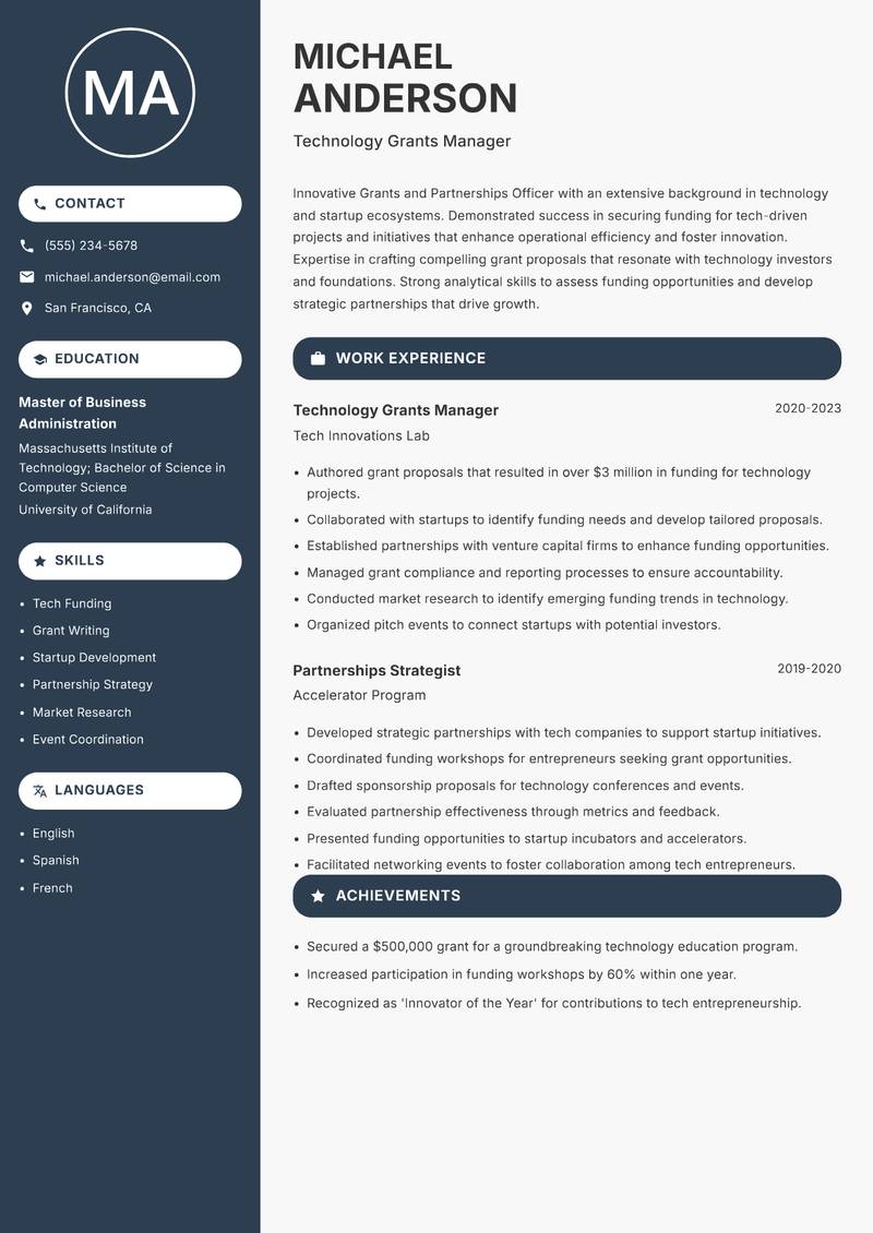 Grants and Partnerships Officer resume sample — Technology Grants Manager focus