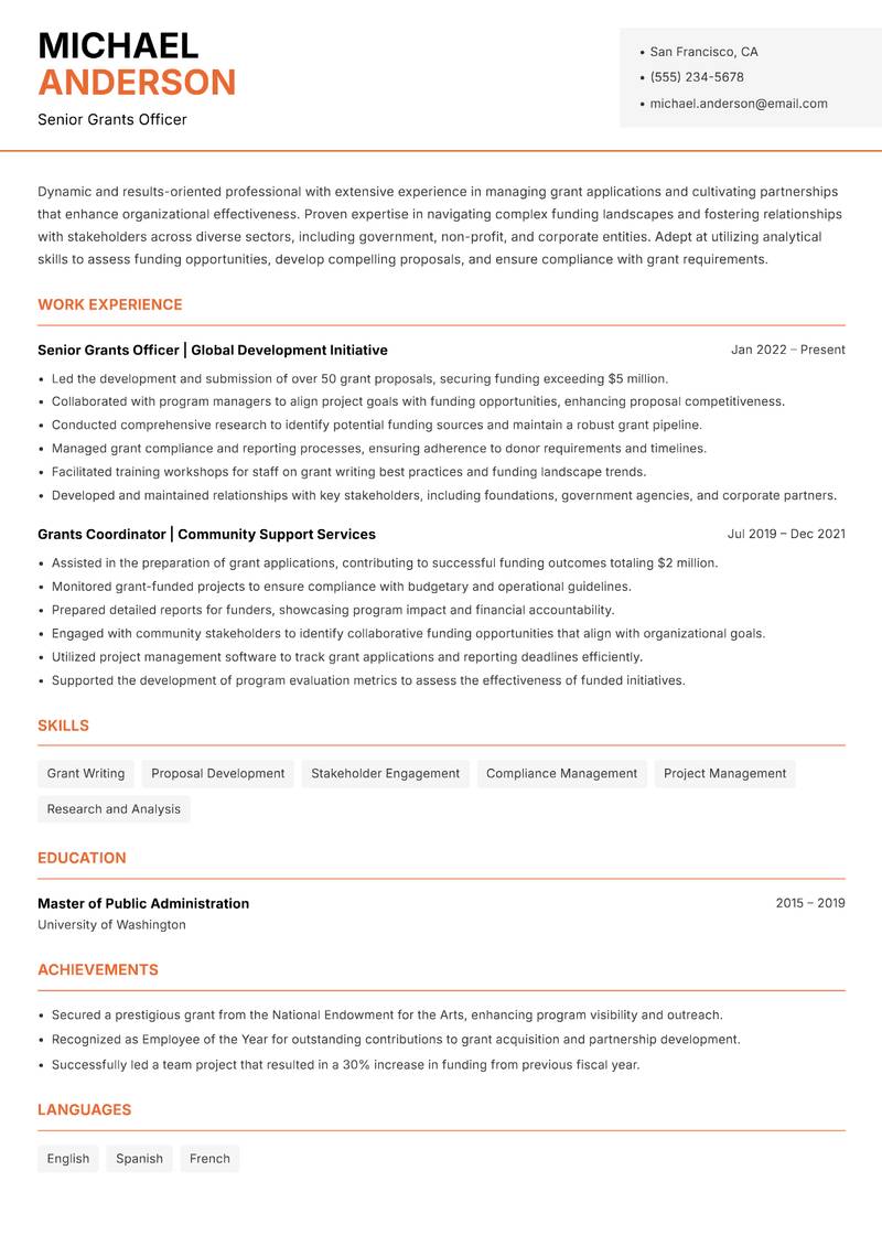 Grants and Partnerships Officer resume sample — Senior Grants Officer focus