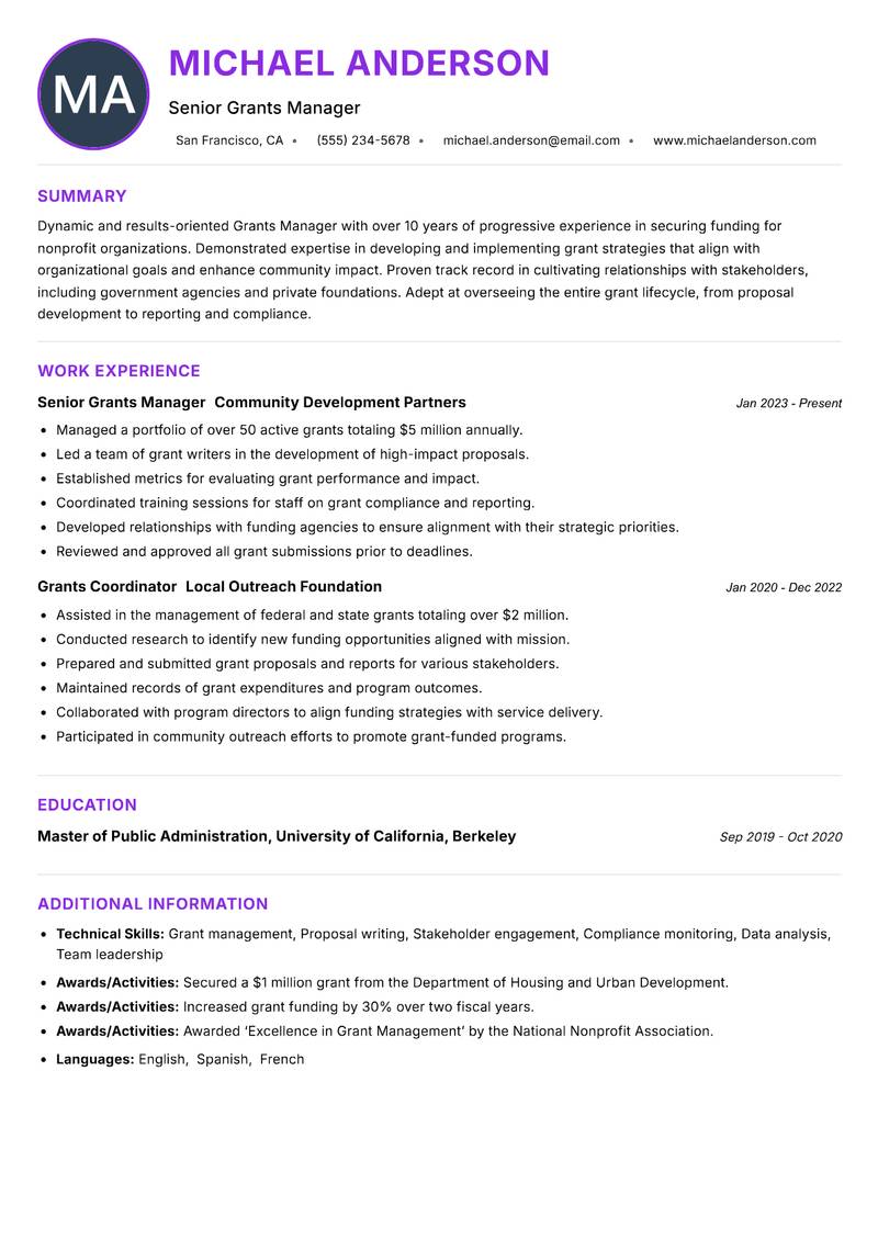 Grants Manager resume example
