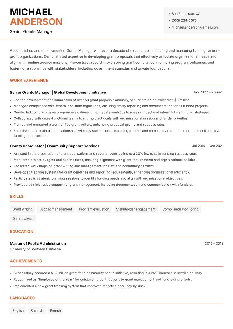 Grants Manager resume sample — Senior Grants Manager focus
