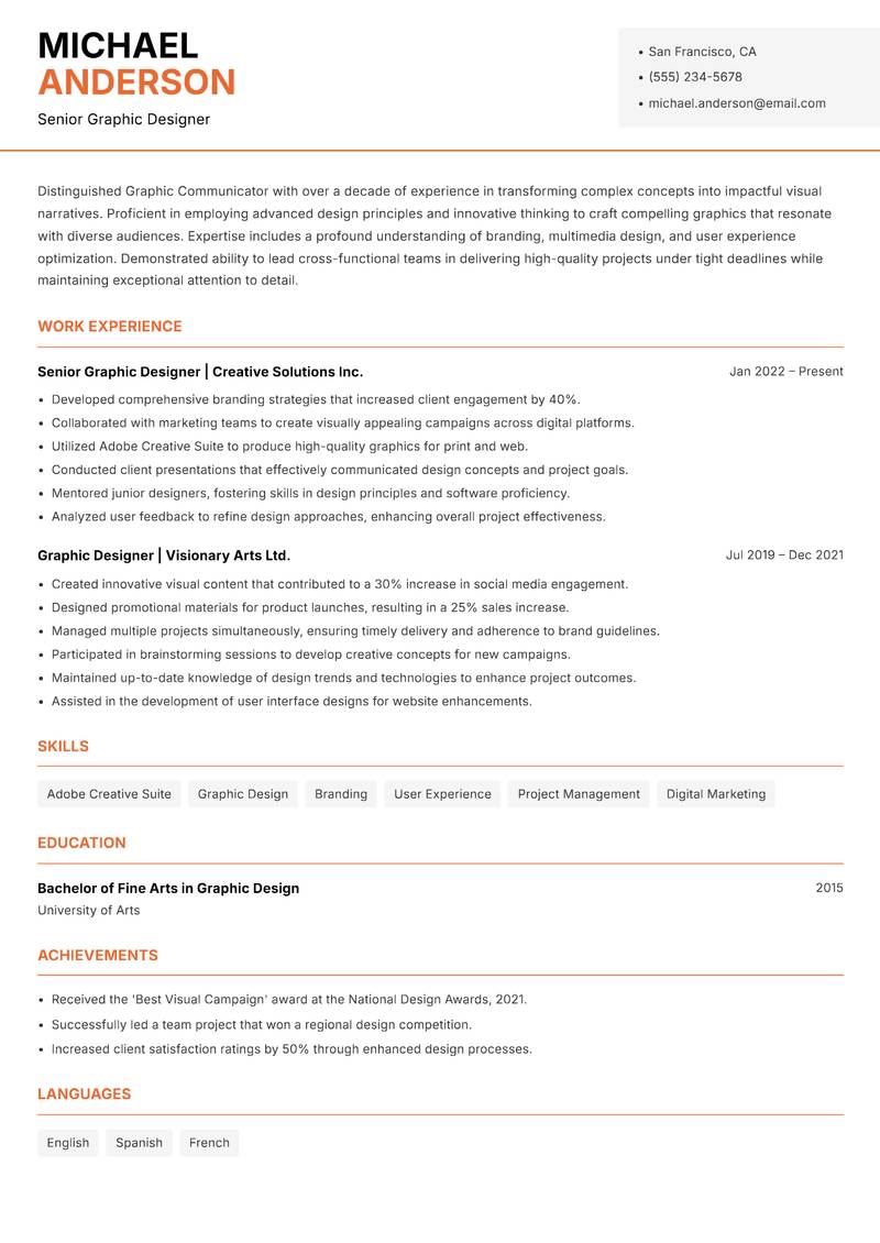 Graphic Communicator resume sample — Senior Graphic Designer focus