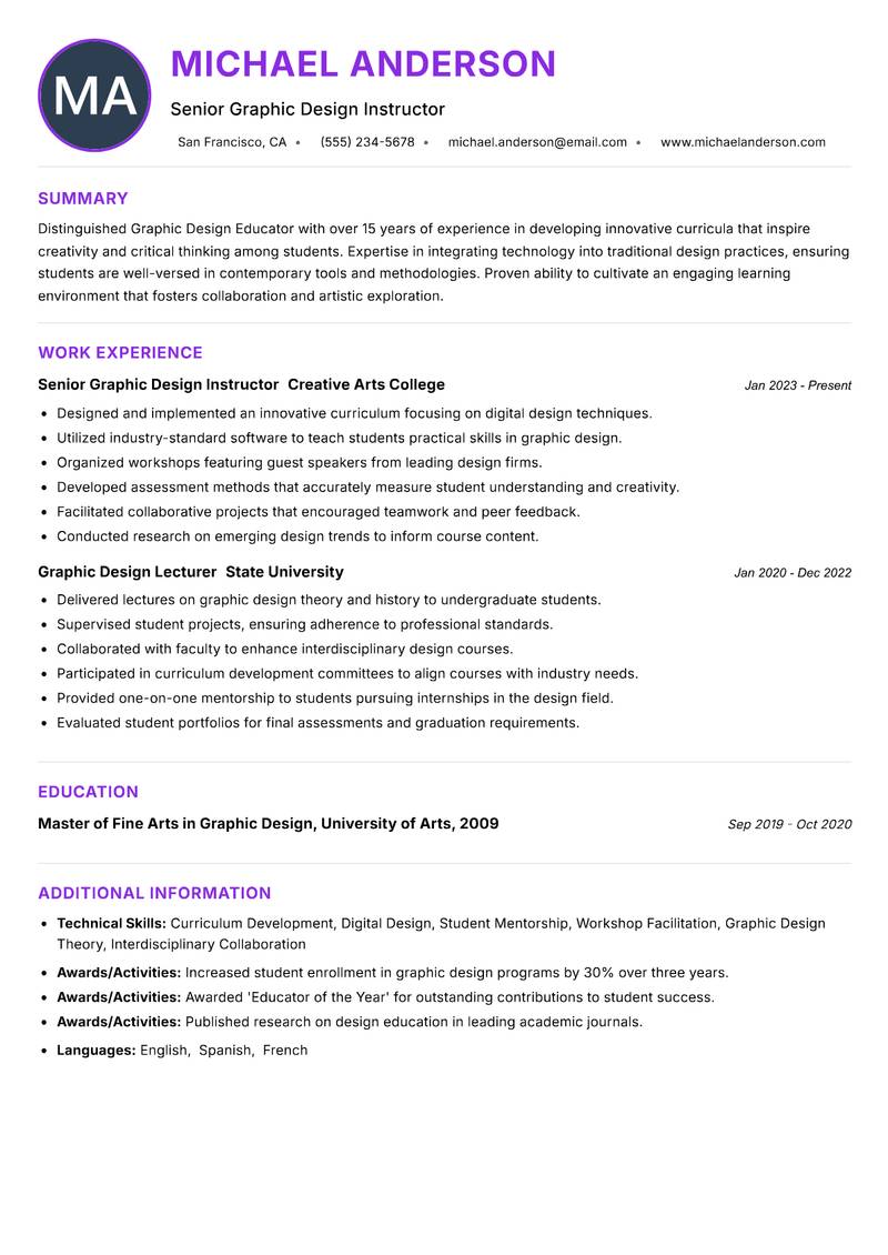 Graphic Design Educator resume example