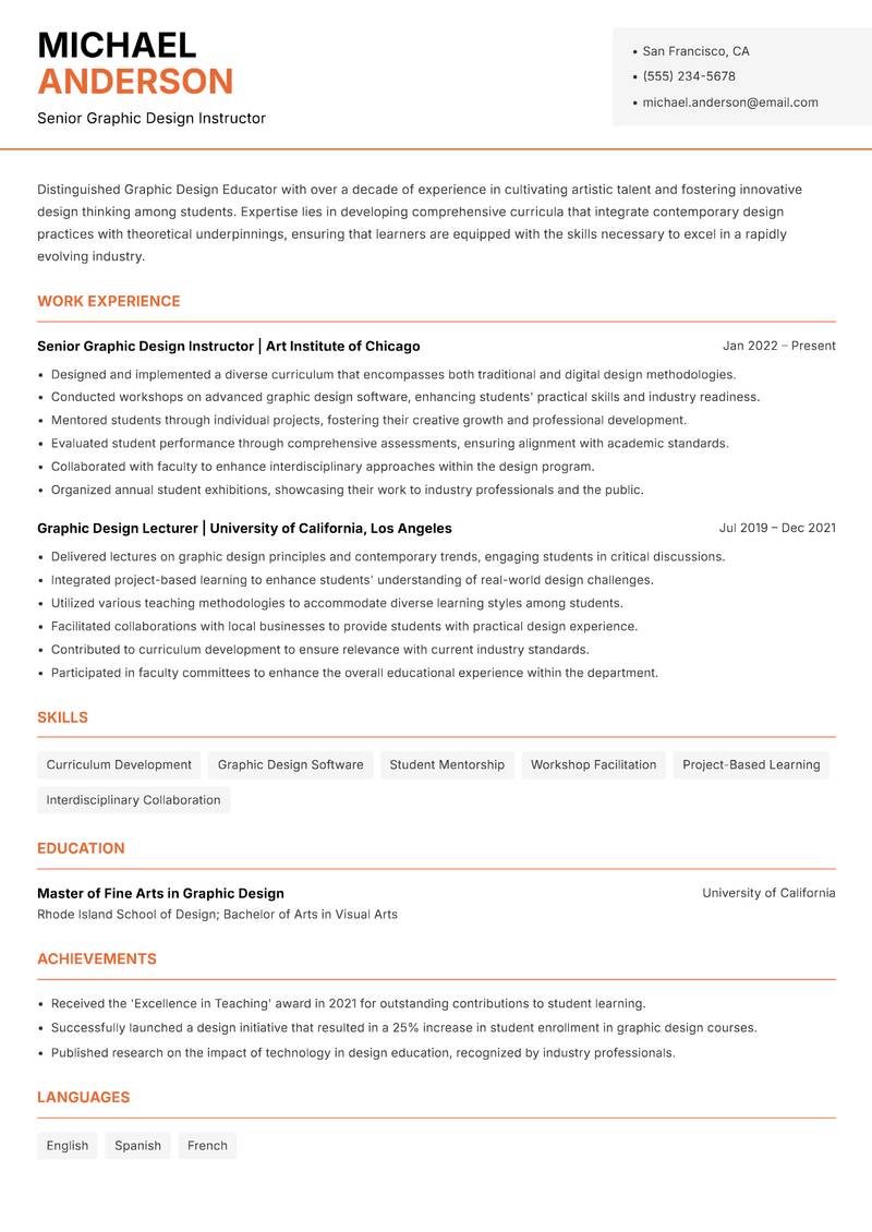 Graphic Design Educator resume sample — Senior Graphic Design Instructor focus