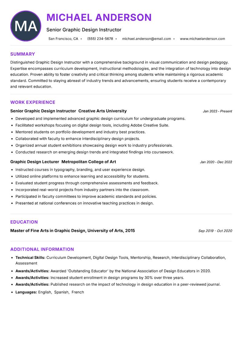 Graphic Design Instructor resume example