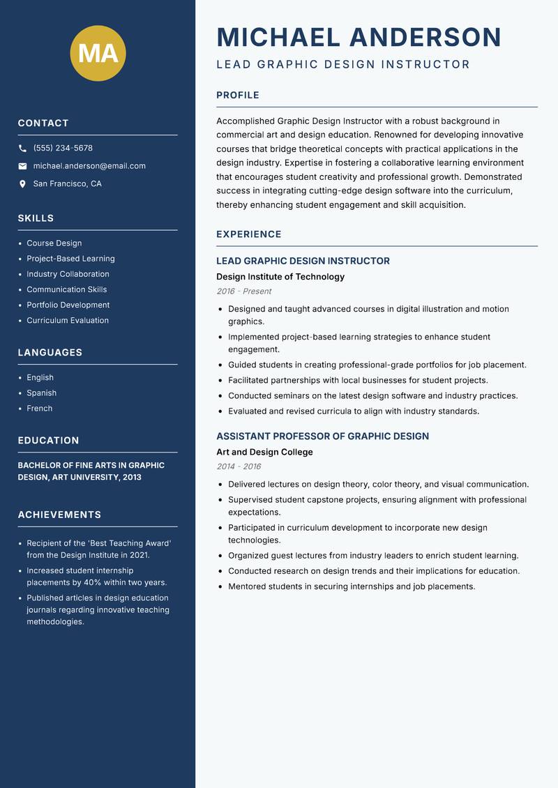 Graphic Design Instructor resume sample — Lead Graphic Design Instructor focus