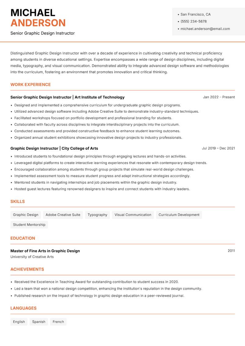 Graphic Design Instructor resume sample — Senior Graphic Design Instructor focus