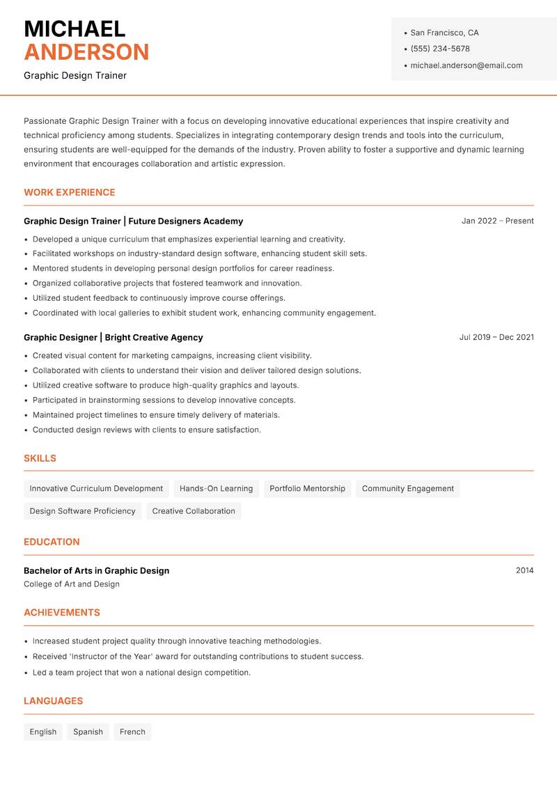 Graphic Design Trainer resume sample — Graphic Design Trainer focus