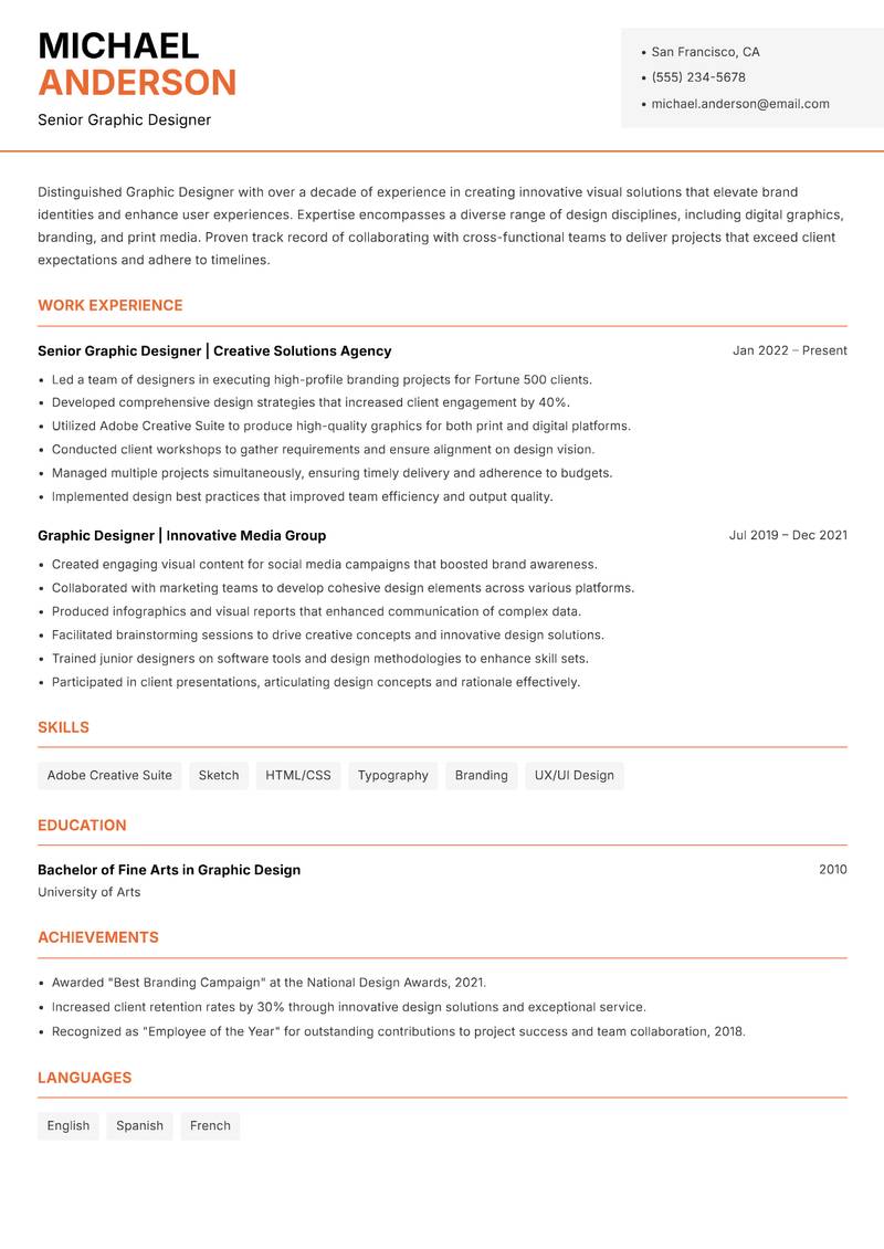 Graphic Designer resume sample — Senior Graphic Designer focus