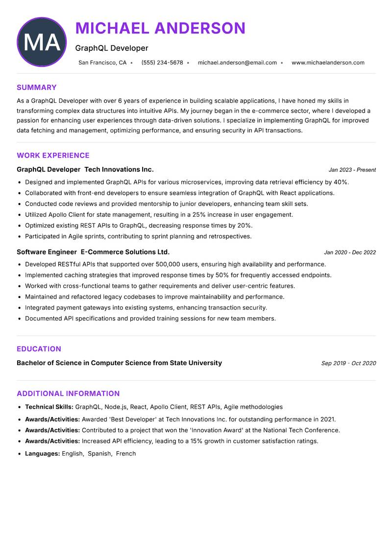 GraphQL Developer resume example