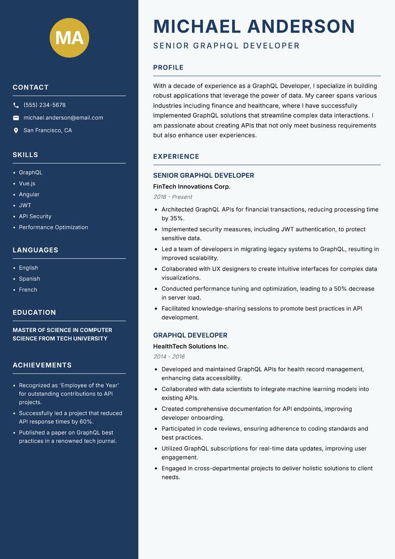 GraphQL Developer resume sample — Senior GraphQL Developer focus