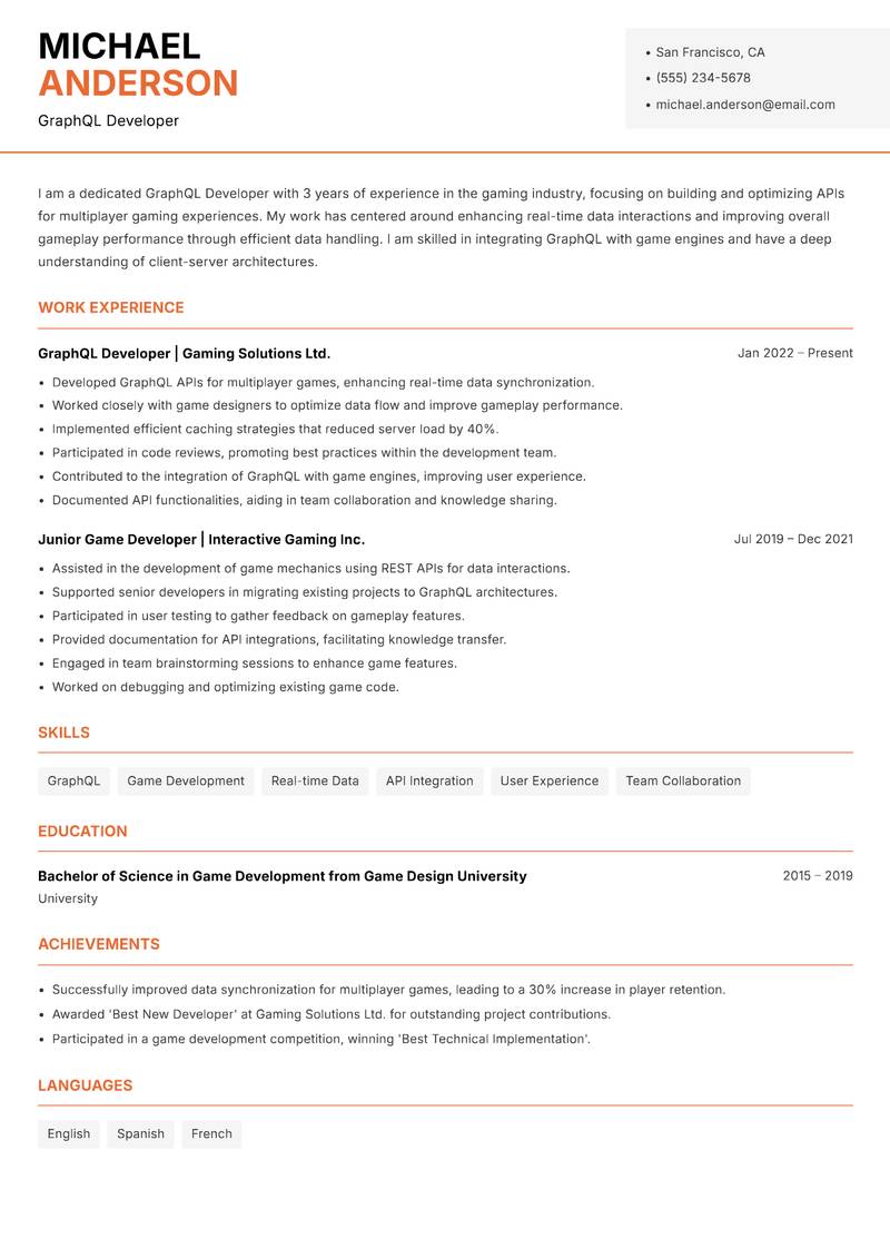 GraphQL Developer resume sample — GraphQL Developer focus