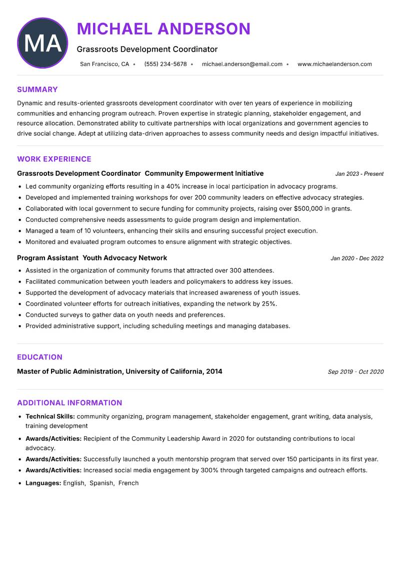 Grassroots Development Coordinator resume example