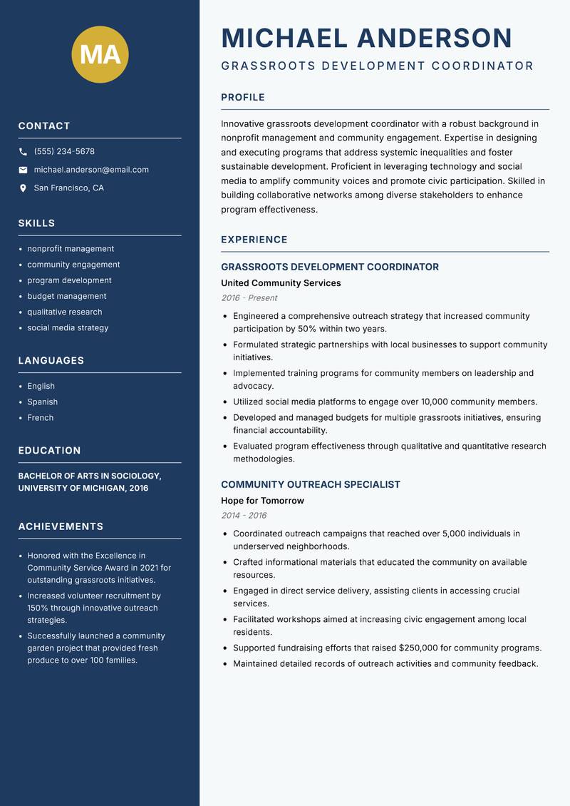 Grassroots Development Coordinator resume sample — Grassroots Development Coordinator focus