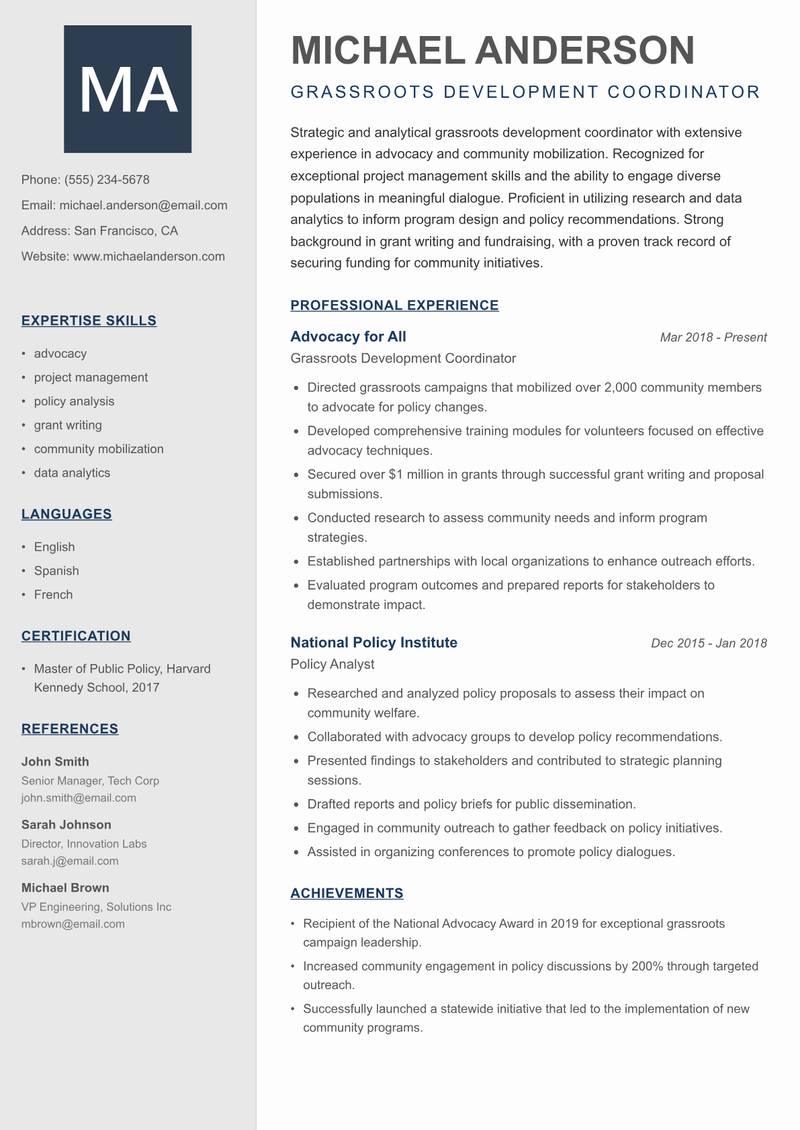 Grassroots Development Coordinator resume sample — Grassroots Development Coordinator focus