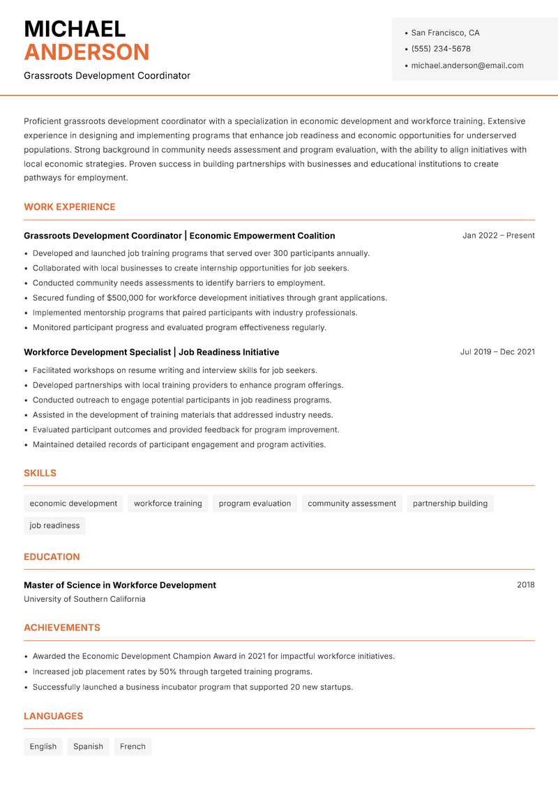 Grassroots Development Coordinator resume sample — Grassroots Development Coordinator focus