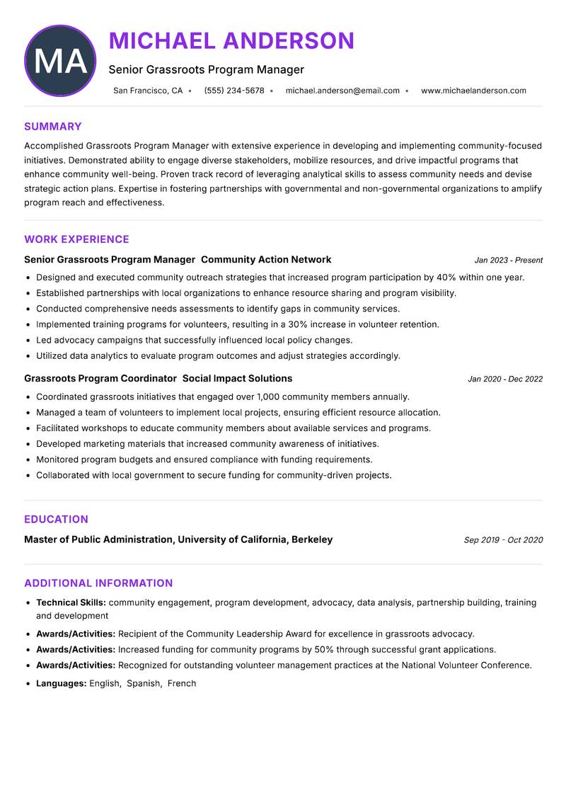 Grassroots Program Manager resume example