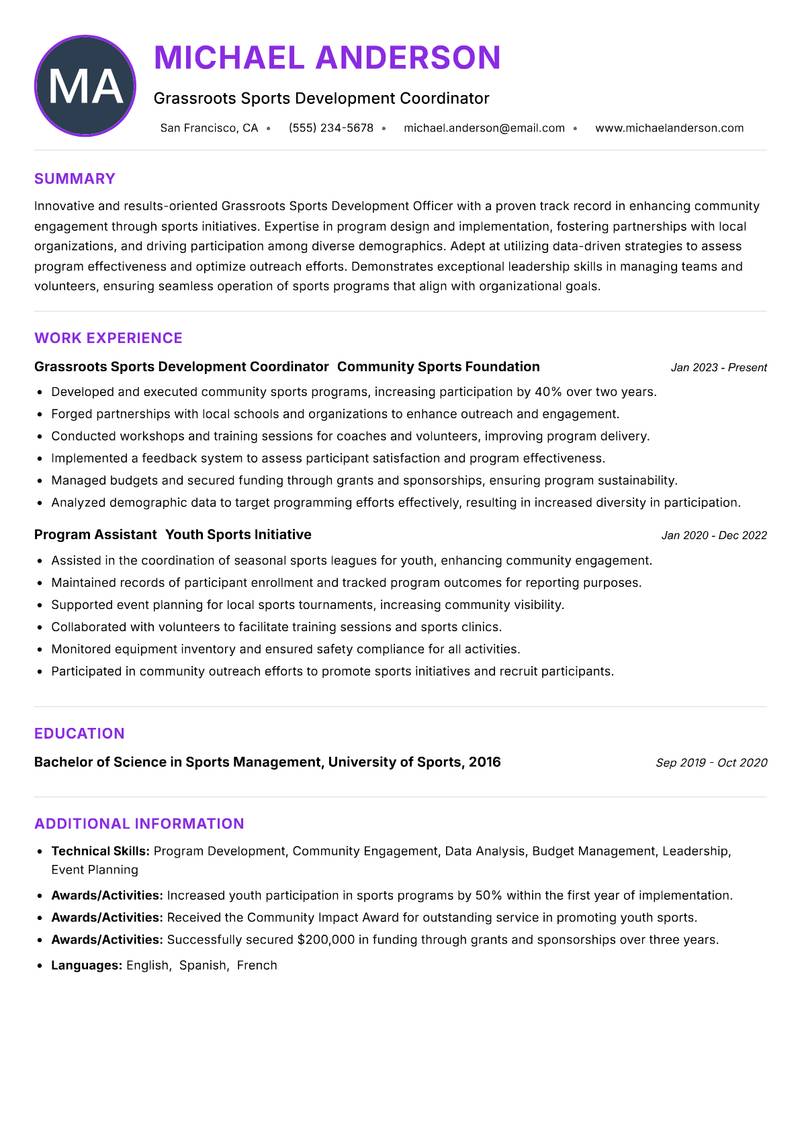 Grassroots Sports Development Officer resume example