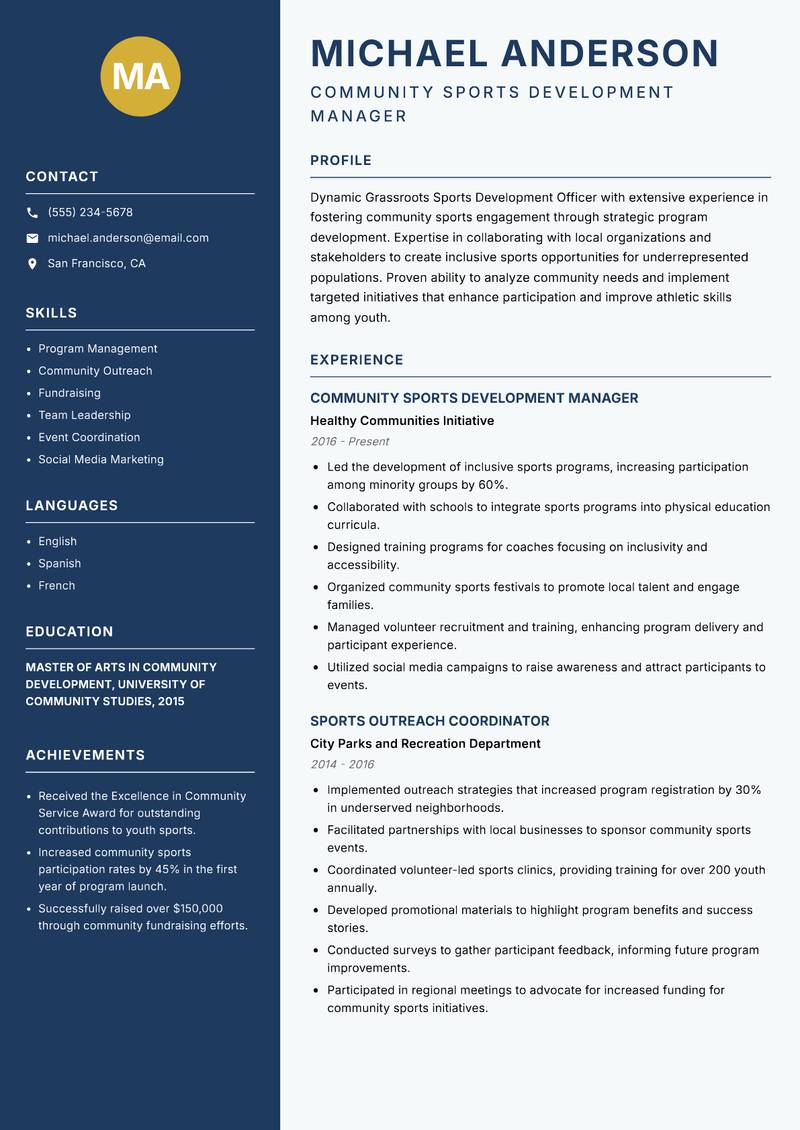 Grassroots Sports Development Officer resume sample — Community Sports Development Manager focus