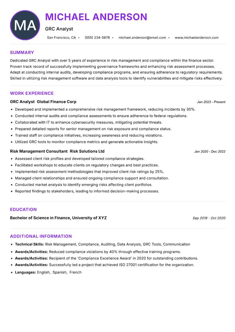 GRC Analyst resume example