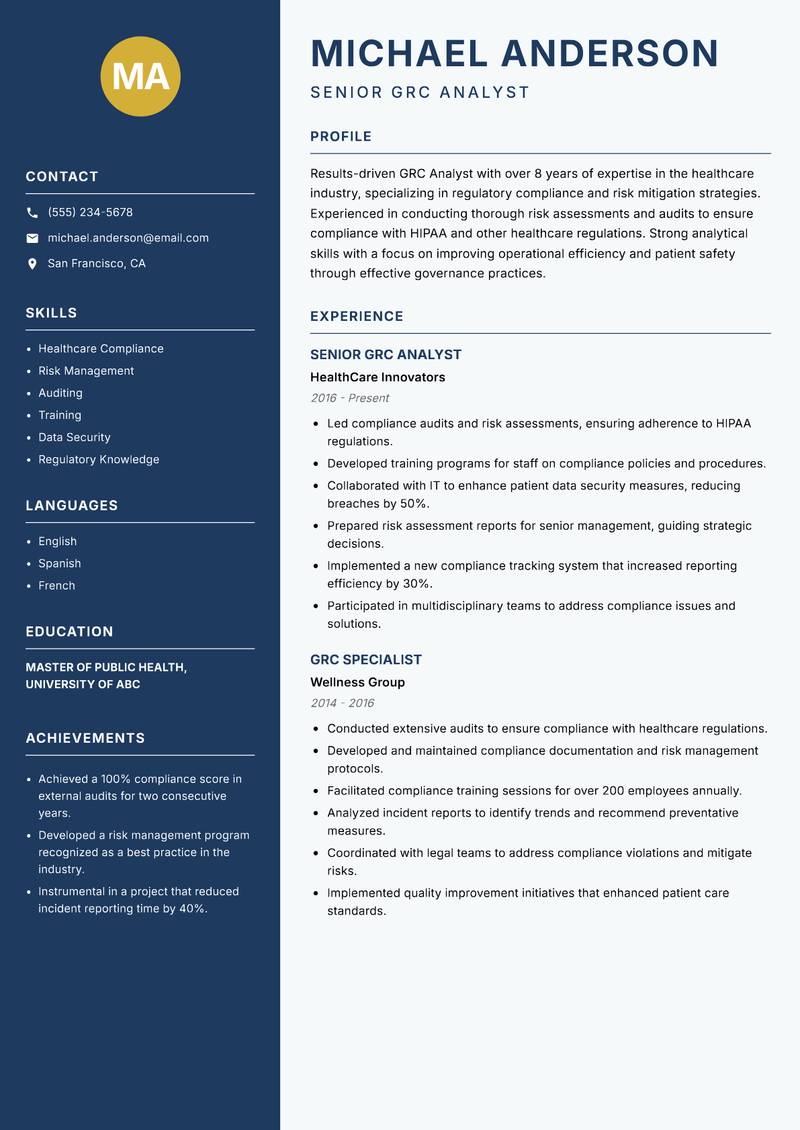 GRC Analyst resume sample — Senior GRC Analyst focus
