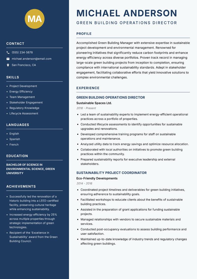 Green Building Manager resume sample — Green Building Operations Director focus