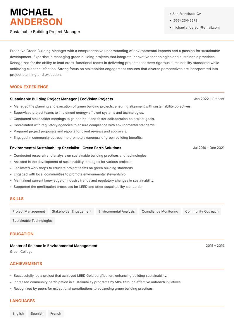 Green Building Manager resume sample — Sustainable Building Project Manager focus